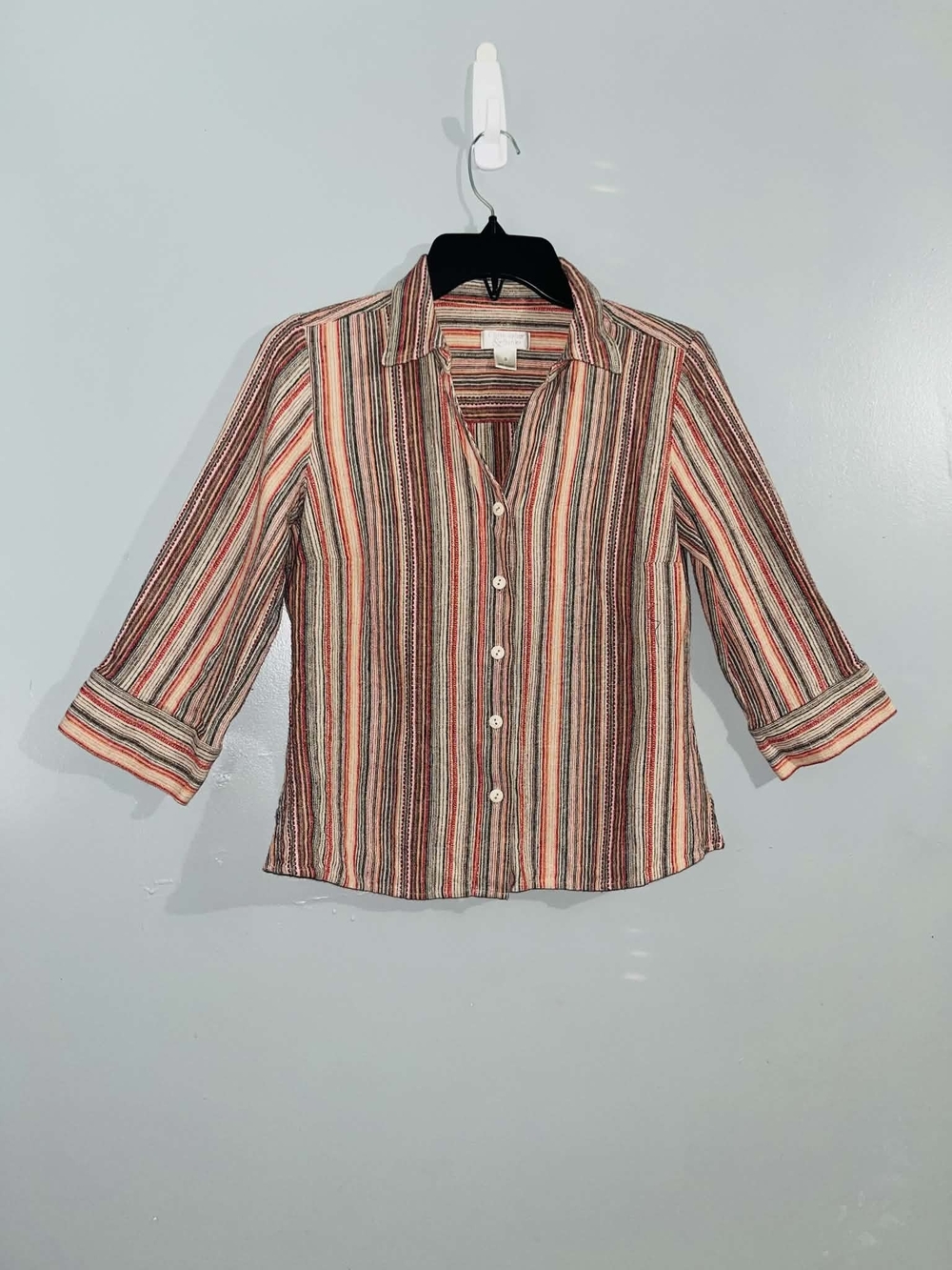 Christopher & Banks Striped Button-Down Shirt in Coral, Cream, Brown, and Green